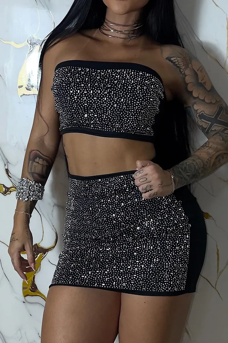 Women's Sparkly Rhinestone Bandeau Crop Top & Bodycon Skirt