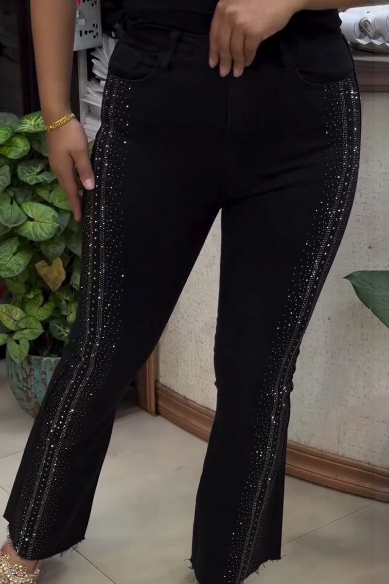 Women's Casual Shiny Rhinestone Straight Jeans