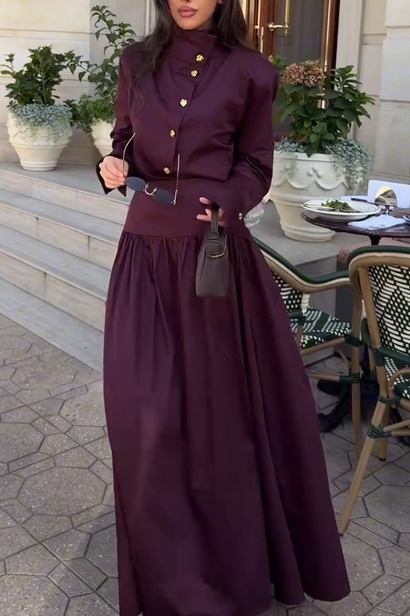 Women's Stand Up Collar Breasted Top+ Skirt Elegant Temperament Set