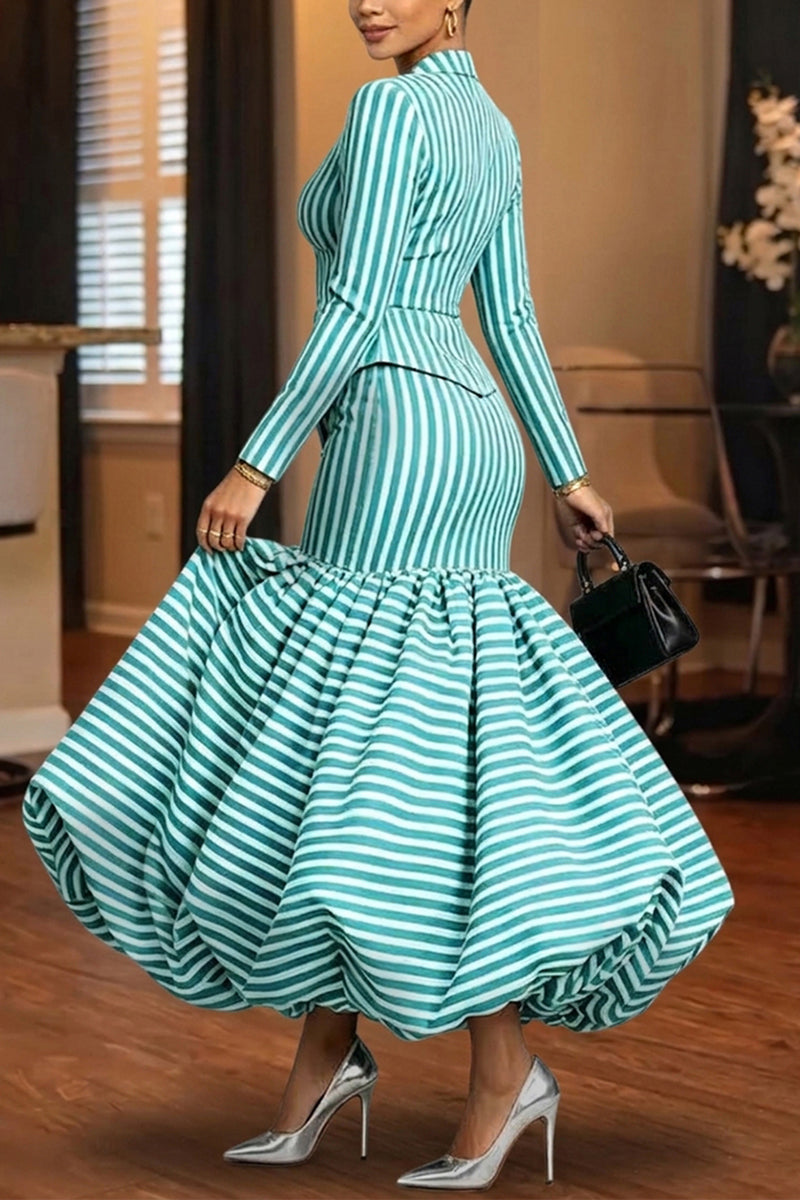 Women's Elegant Slim Stripe Shirt or Balloon Hem Skirt