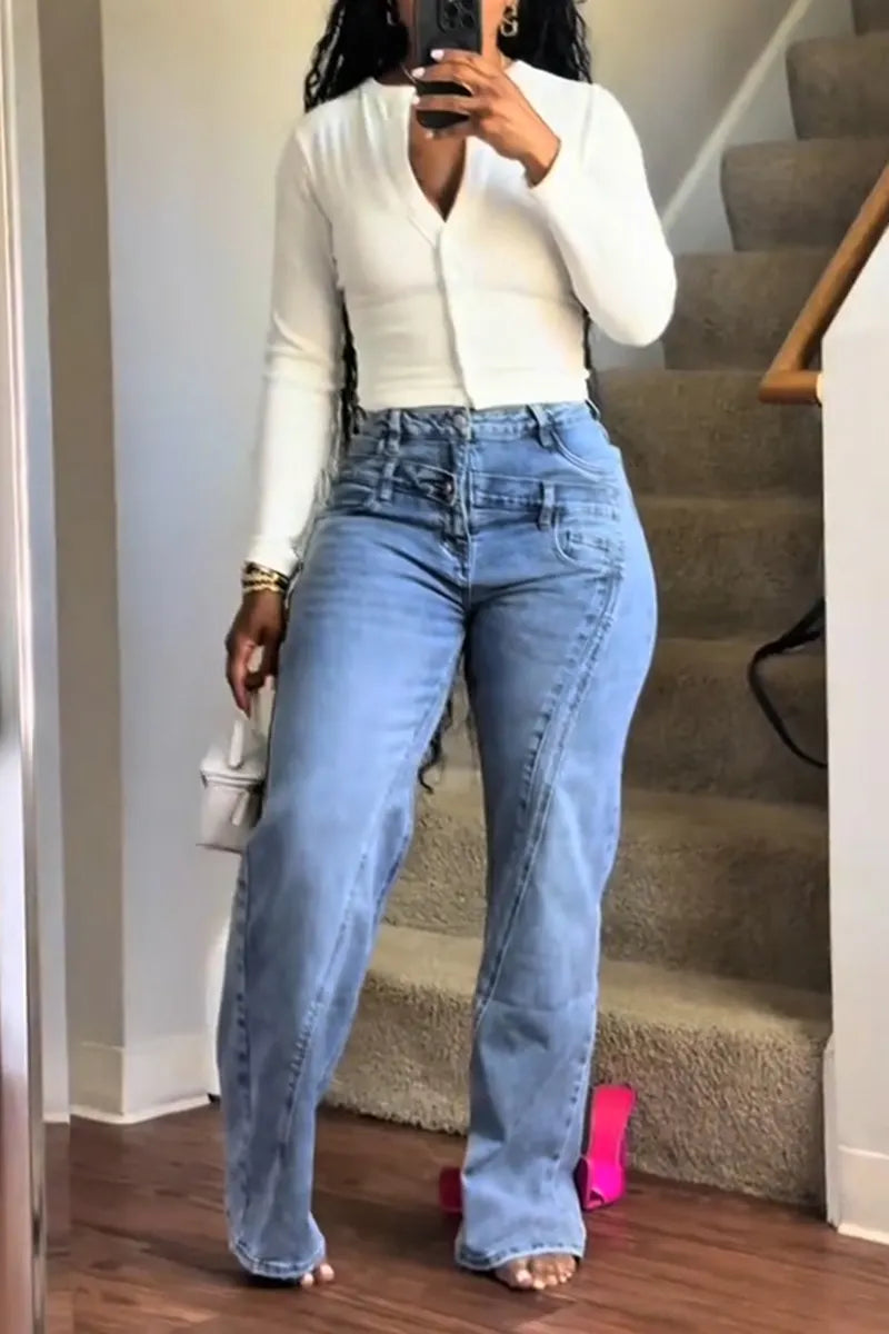 Women's Fashion Double Waist Panel-Design Jeans