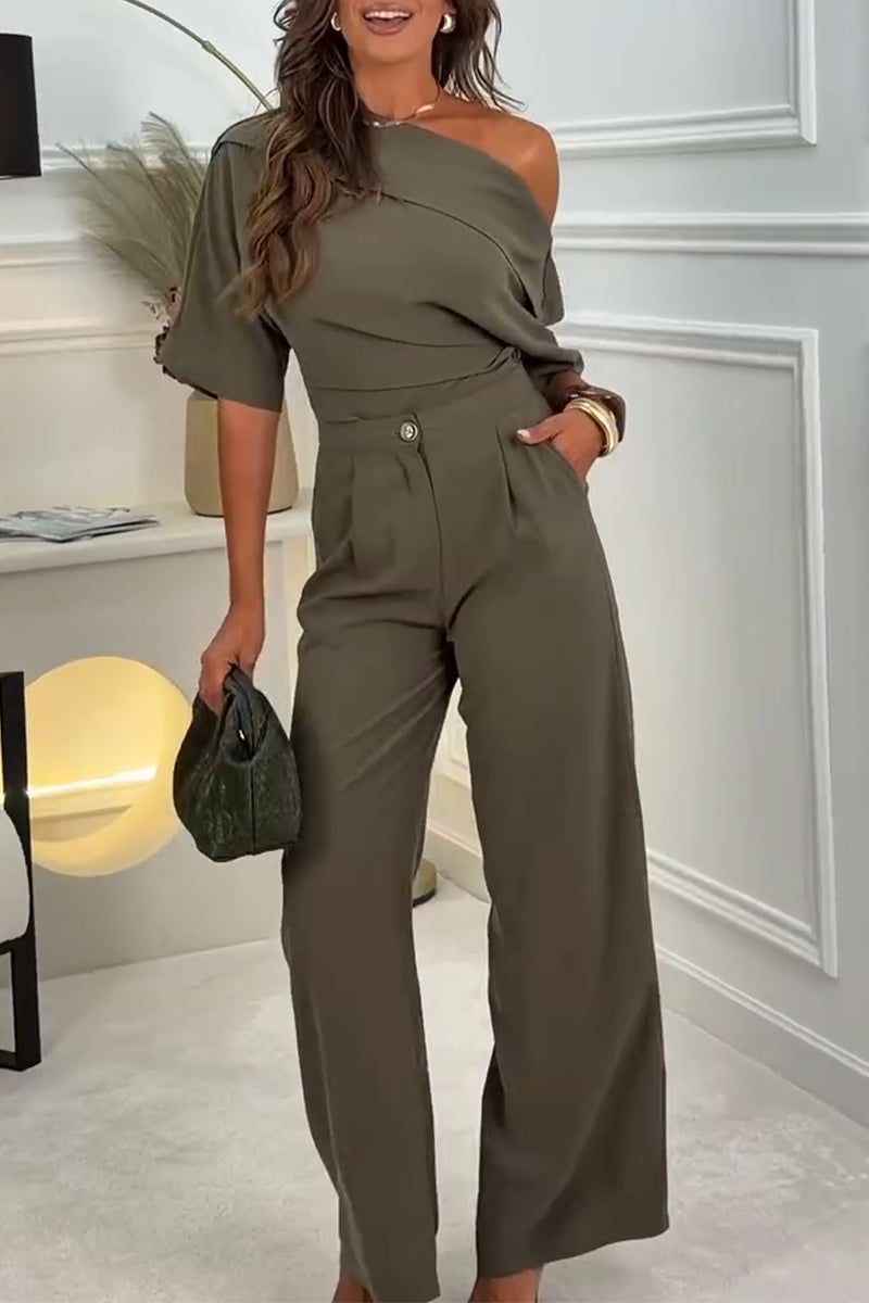 Women's Diagonal Collar Top+ Pants Casual Suit with Temperament