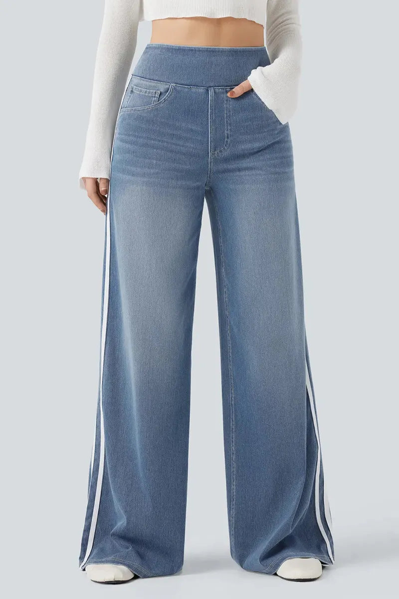 Vintage Washed Blue Side Stripe Elastic Waist Jeans