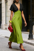 Women Contrast Color Deep V Cuff Sleeve High Waist Pocket A Line Midi Dress