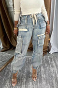 Women Patchwork Multi Pocket Washed Casual Jeans