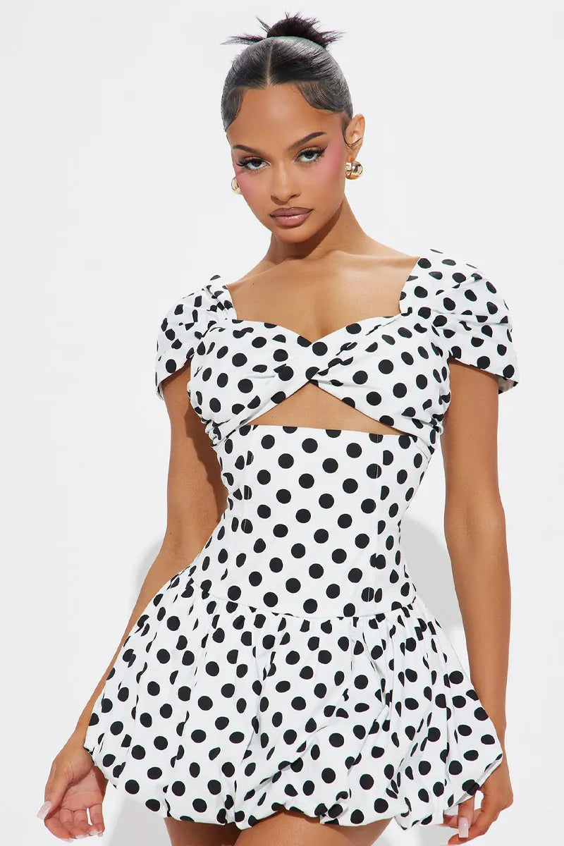 Sexy Balletcore Polka Dot Dress - Sweetheart Neck Puff Mini