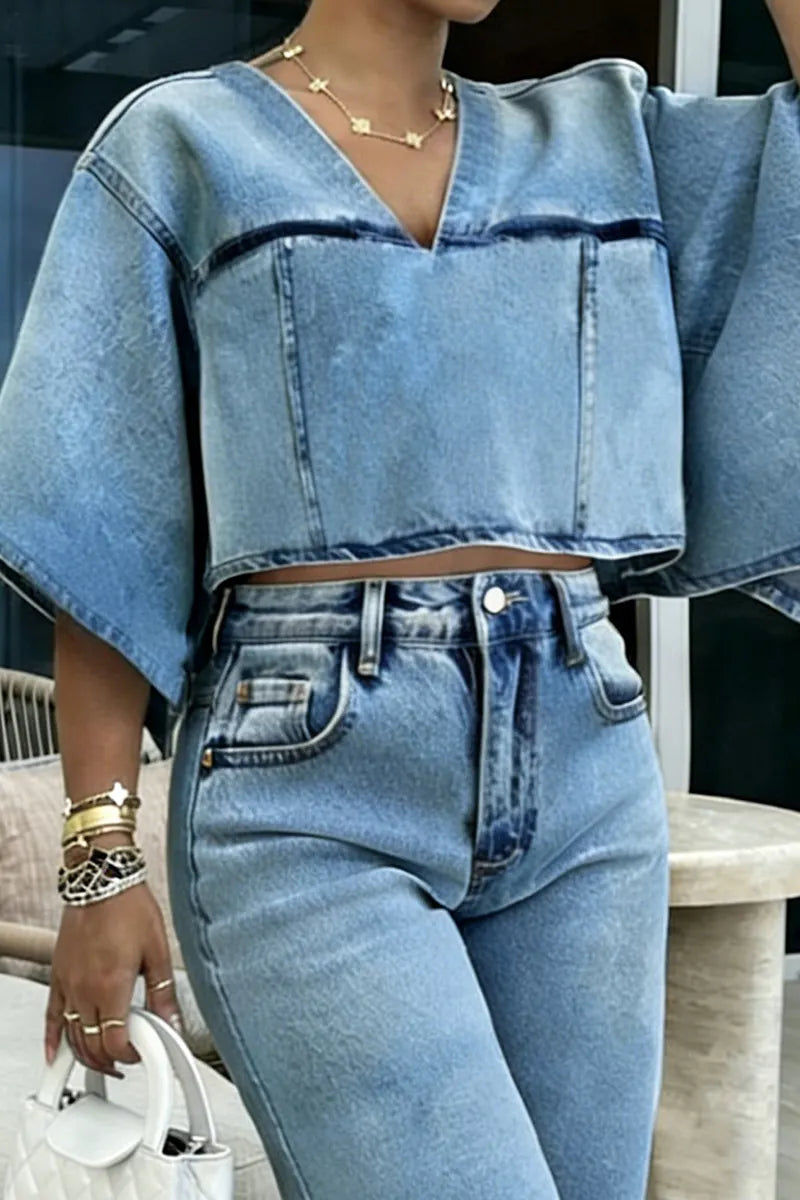 Women's Casual Loose-Fit Color-Block Denim Top & Short Jeans