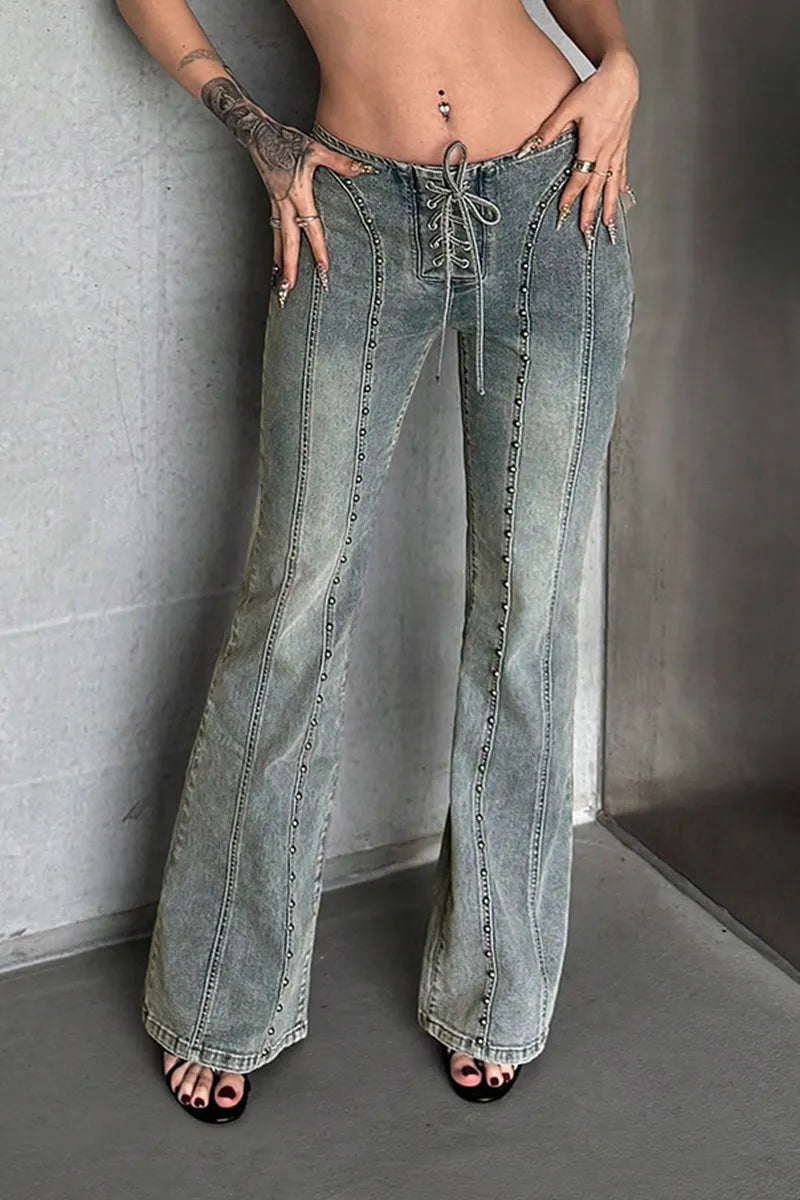 Women's Vintage Studded Tie Waist Mid Rise Jeans