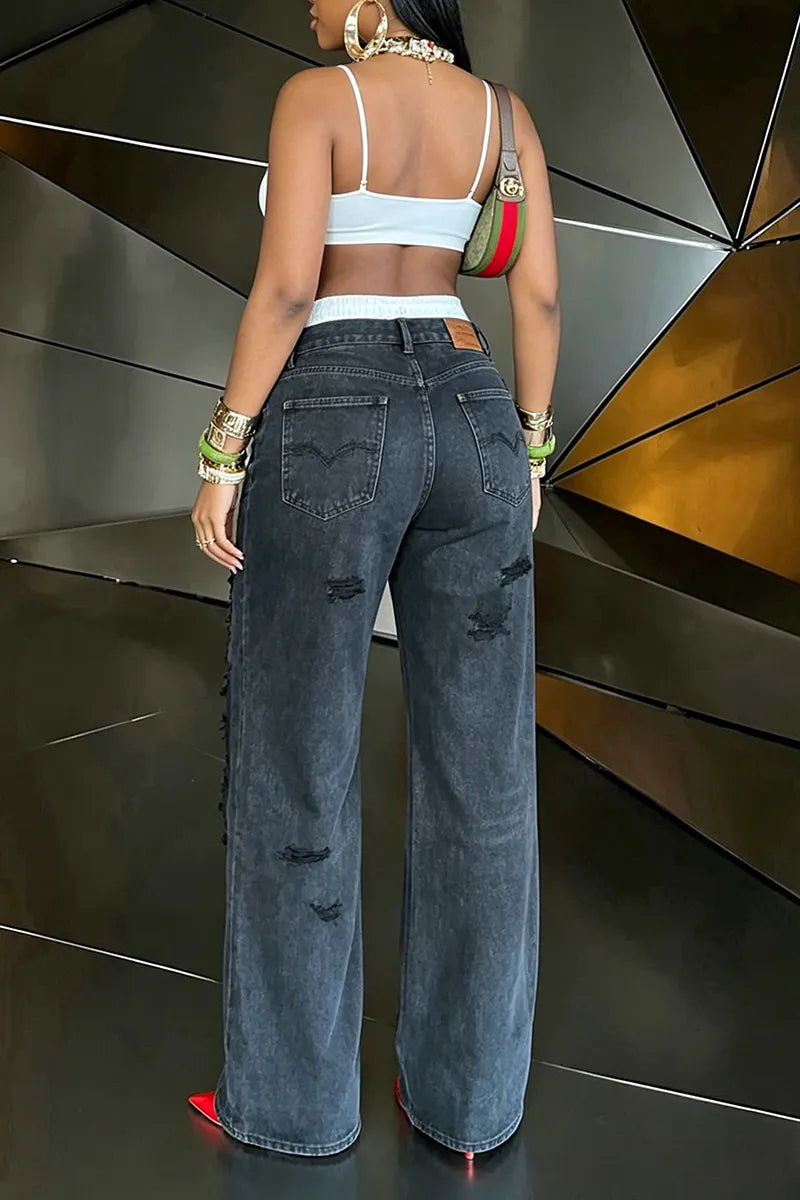 Women's Casual Double Layer Waistband Panel Ripped Jeans