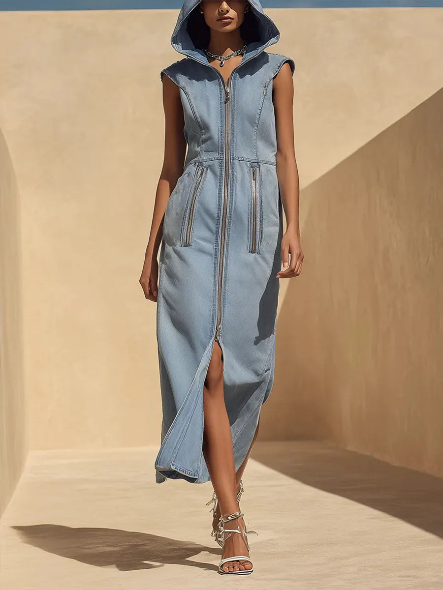 Women's Casual Sleeveless Loose-fit Hooded Denim Dress