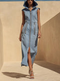 Women's Casual Sleeveless Loose-fit Hooded Denim Dress