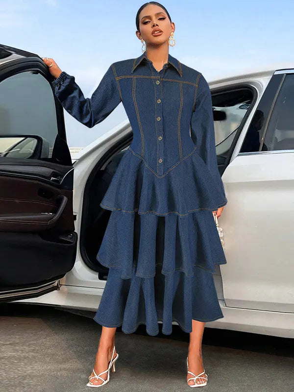 Elegant Lapel Long Sleeve Tiered Hem Denim Dress