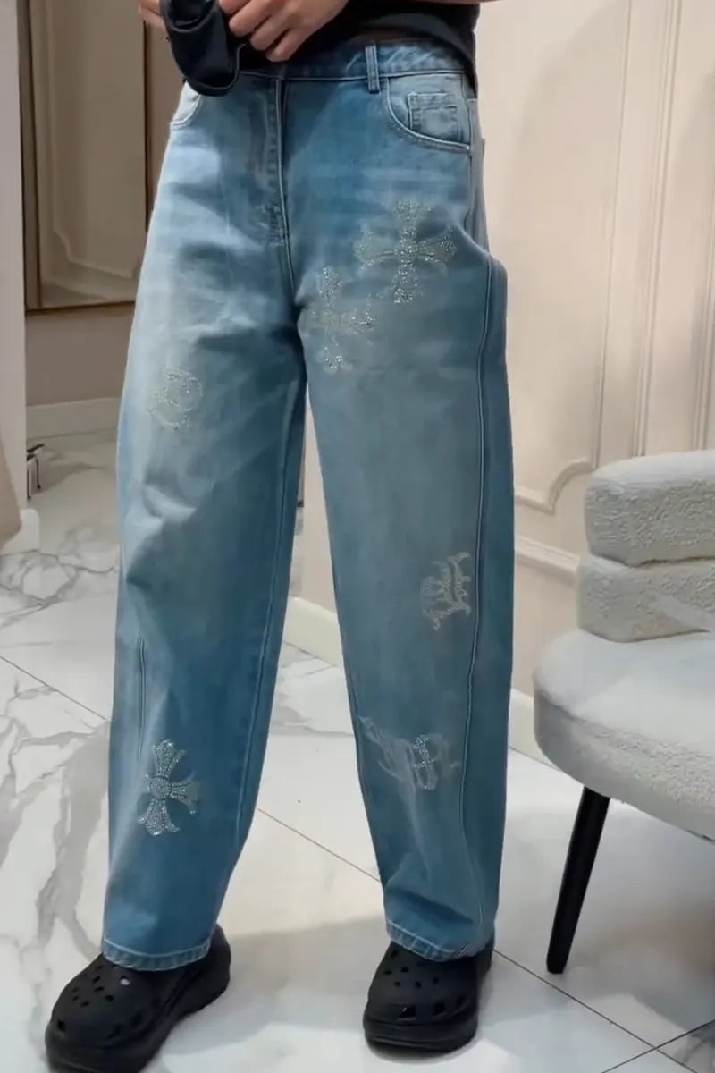 Women Washed and Rhinestone Casual Jeans
