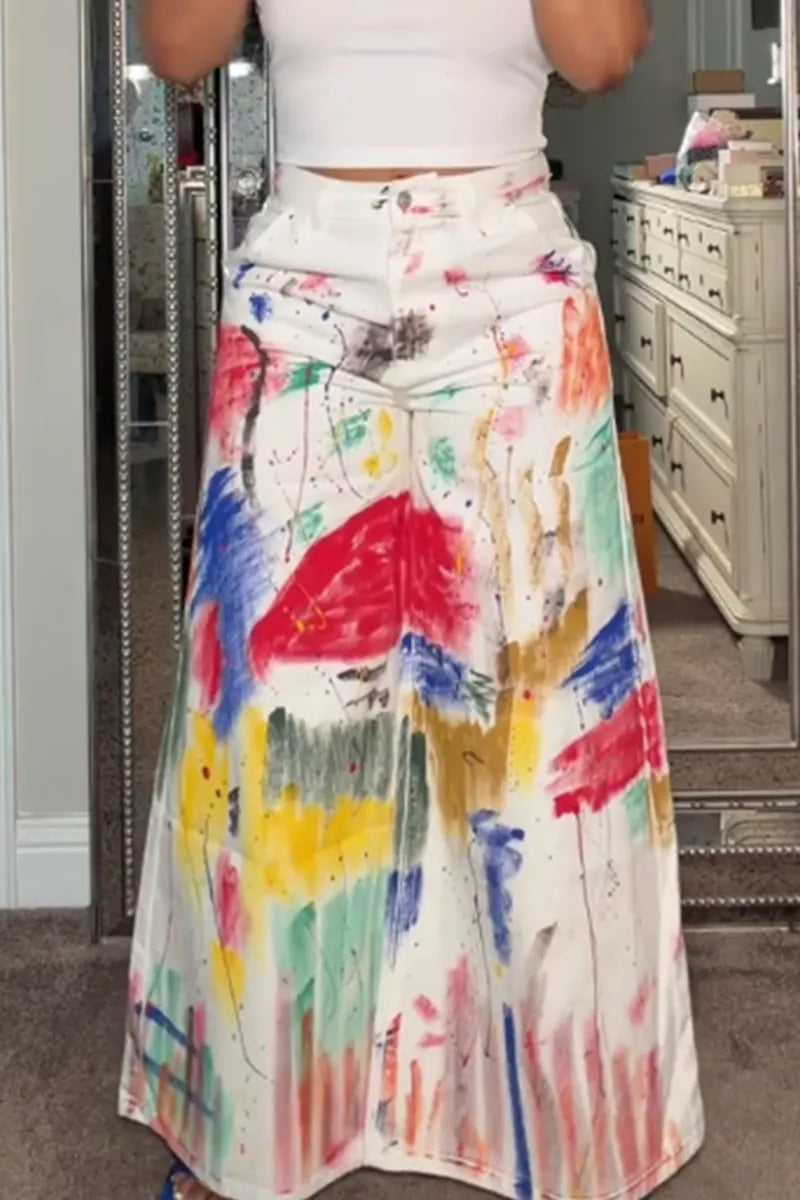 Women's Casual Printed Loose Wide Leg Jeans