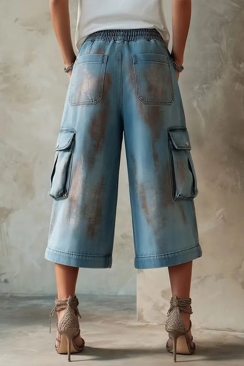 Ladies' Fashionable Casual Metal Faded Work Pants With Partial Silver Plating Process Jeans