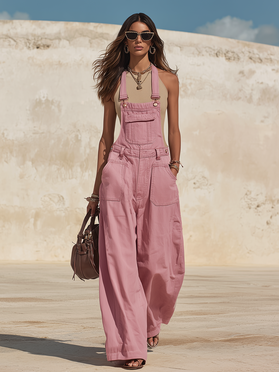 Resort-style Pocket Solid Color Denim Overalls