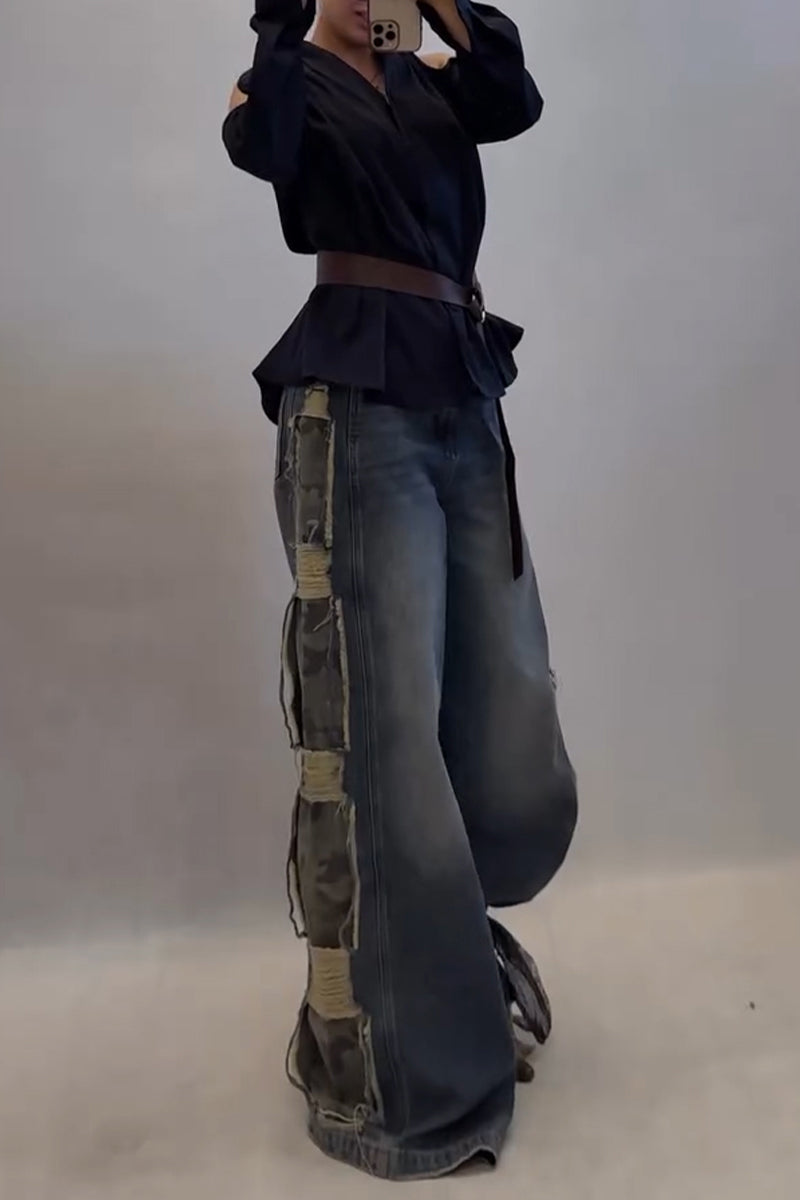 Women's Street Style Side Camo Patchwork Wide Leg Jeans