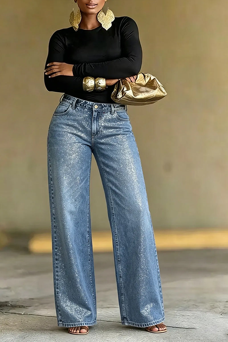 Women's Fashion Sparkly Gold Foil Wide-Leg Jeans