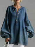 Buttoned Split-Joint Long Sleeves Loose Round-Neck Blouses&Shirts Tops