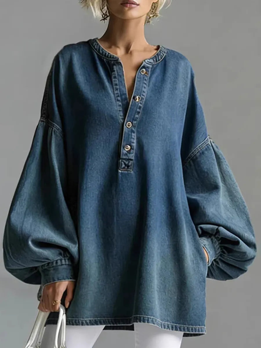 Buttoned Split-Joint Long Sleeves Loose Round-Neck Blouses&Shirts Tops