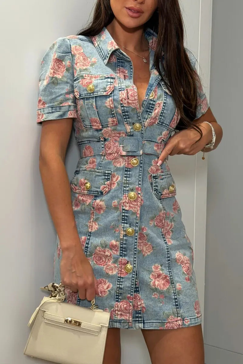 Women Collar Print Buckle Elegant Casual Denim Dress