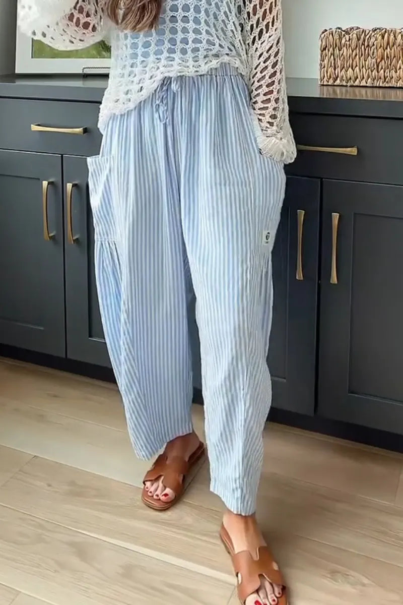 Women Drawstring Vertical Stripe Casual Linen Pants