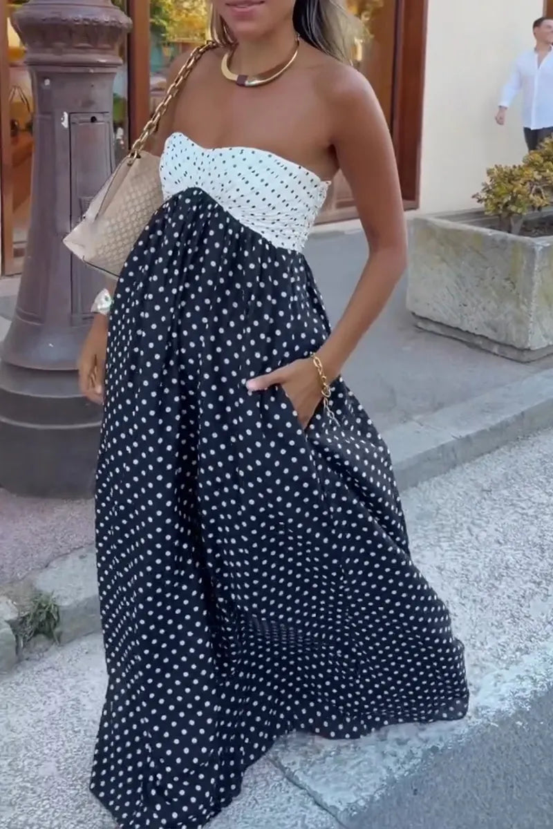 Women's Vacation Strapless Color Block Polka Dot Maxi Dress