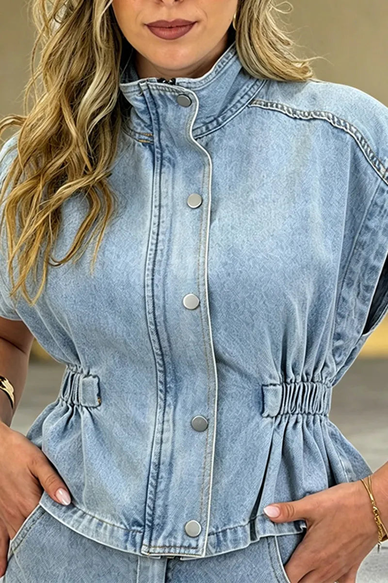 Women's Casual Wide Shoulder Denim Vest or Barrel Jeans