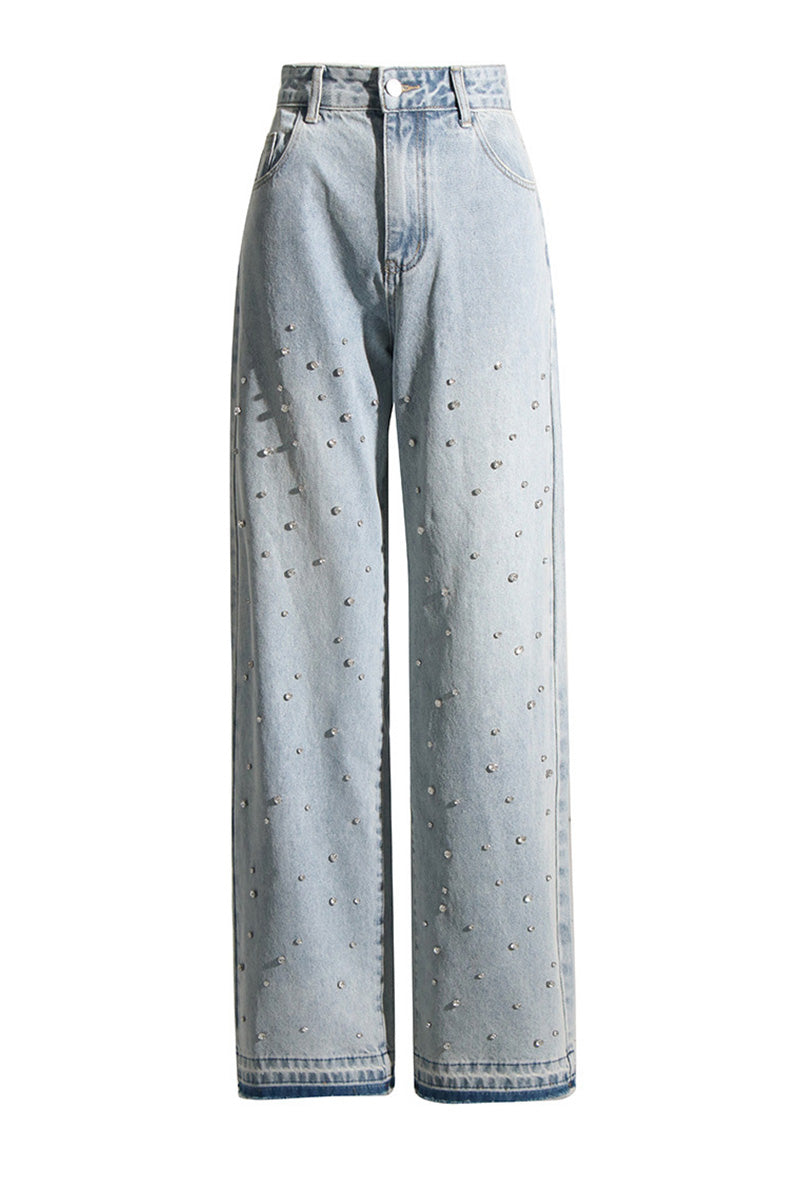 Women Heavy Duty Rhinestone Embellished Straight Leg Jeans