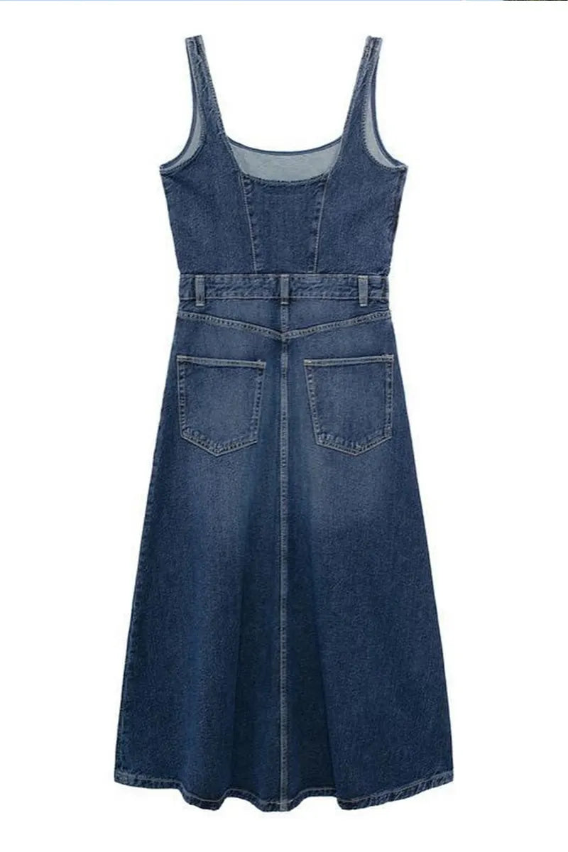 Women Halter V Neck Zip Front Flowy Mini Denim Dress