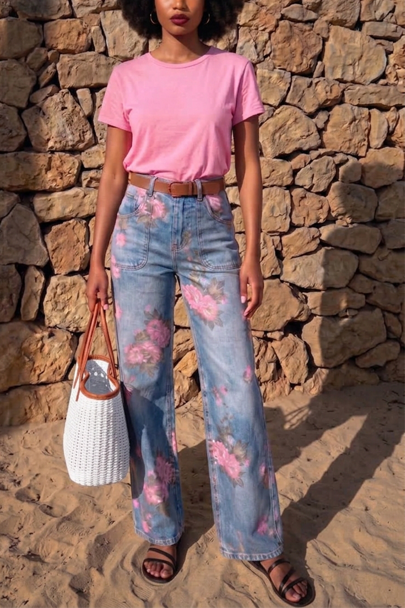 Women's High-Waisted Floral Print Wide Leg Jeans Casual Front Pocket Washed Denim Trousers