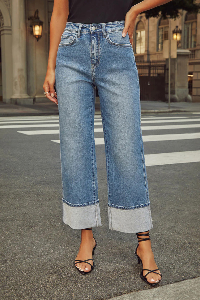 Daily Wide-Leg Jeans With Raw Rolled Cuff Hem