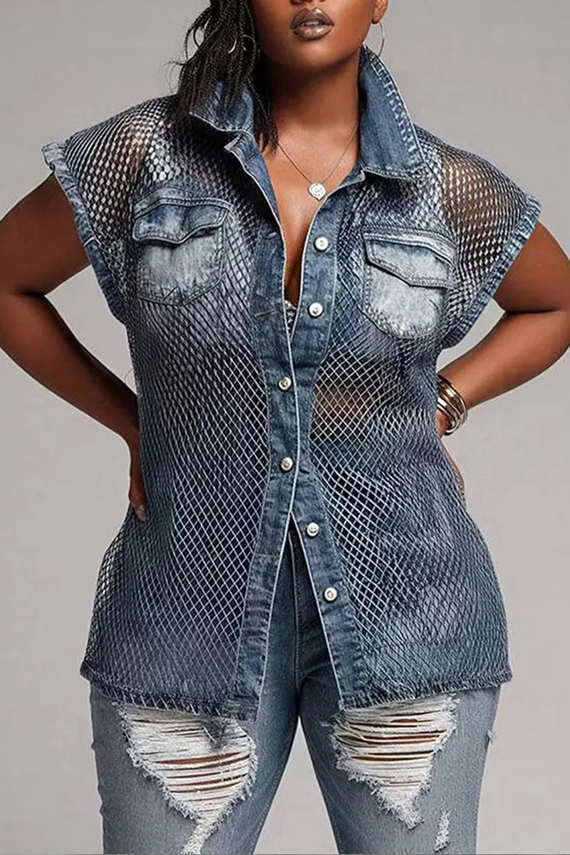 Women Casual Mesh Splice Washed Denim Sleeveless Collared Button Down Shirt