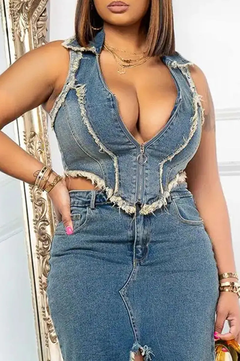 Women's Fashion Lapel Raw Hem Washed Denim Vest & Slit Skirt