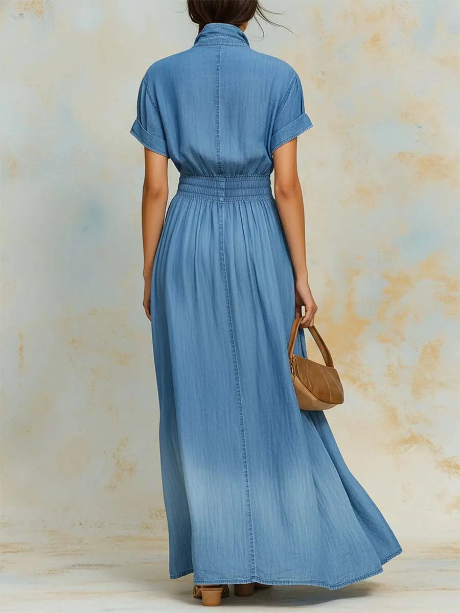 Women's Casual Art Stylish Short Sleeve Denim Maxi Dress