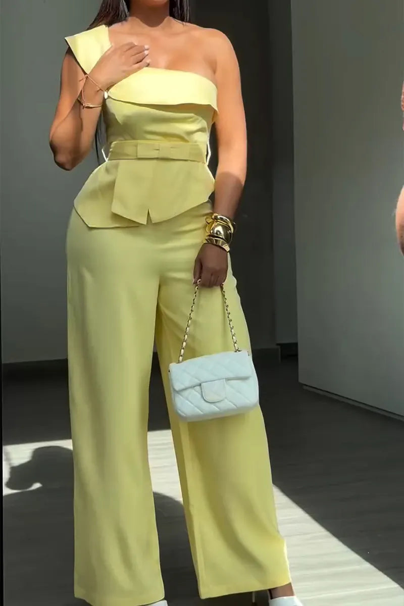 Women's Fashion One-Shoulder Asymmetric Vest Pants Two-Piece Set