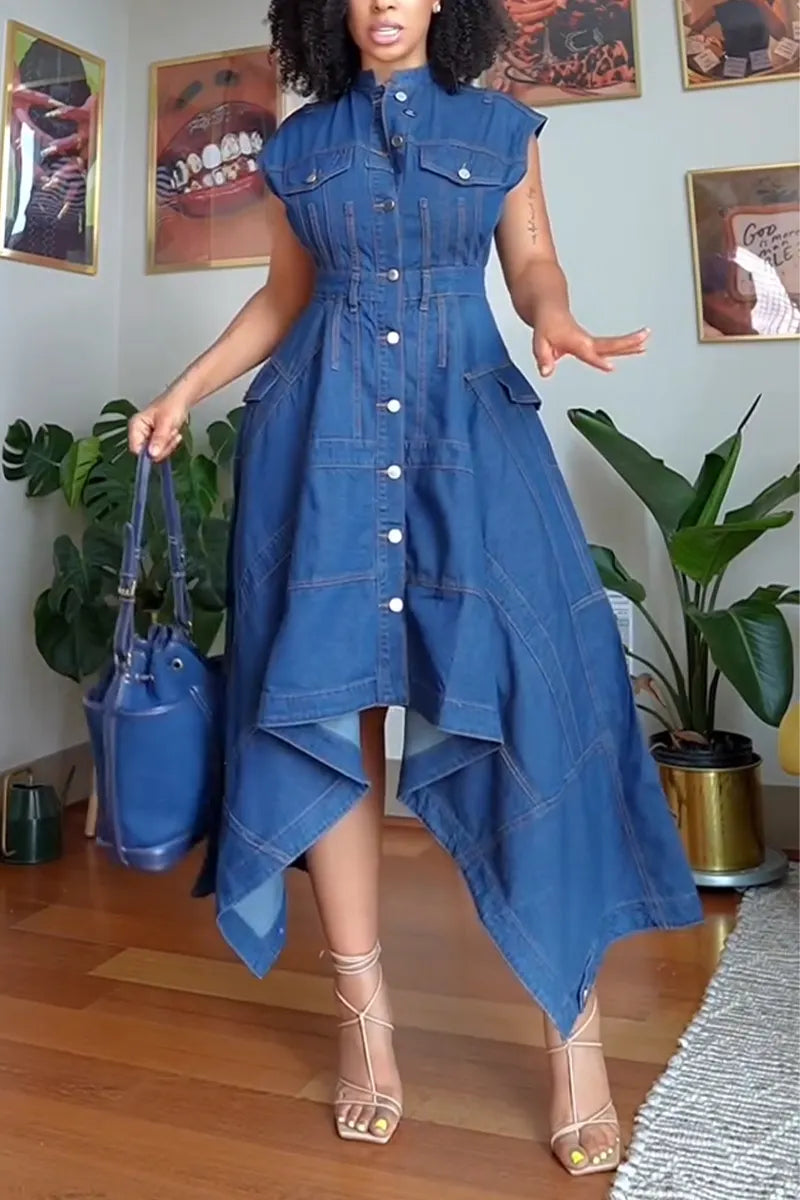 Women's Round Neck Buckle Patchwork Irregular Elegant Casual Denim Dress