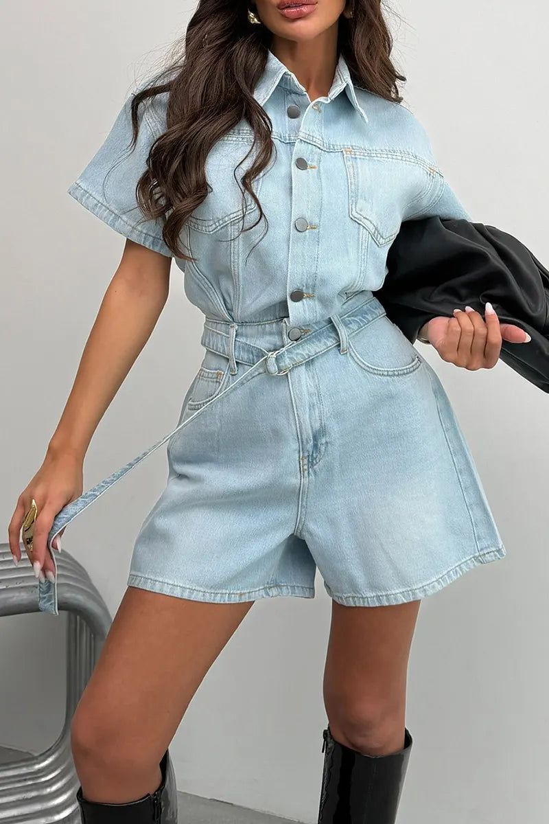 Women's Button-Front Denim Playsuit with Matching Waist Belt
