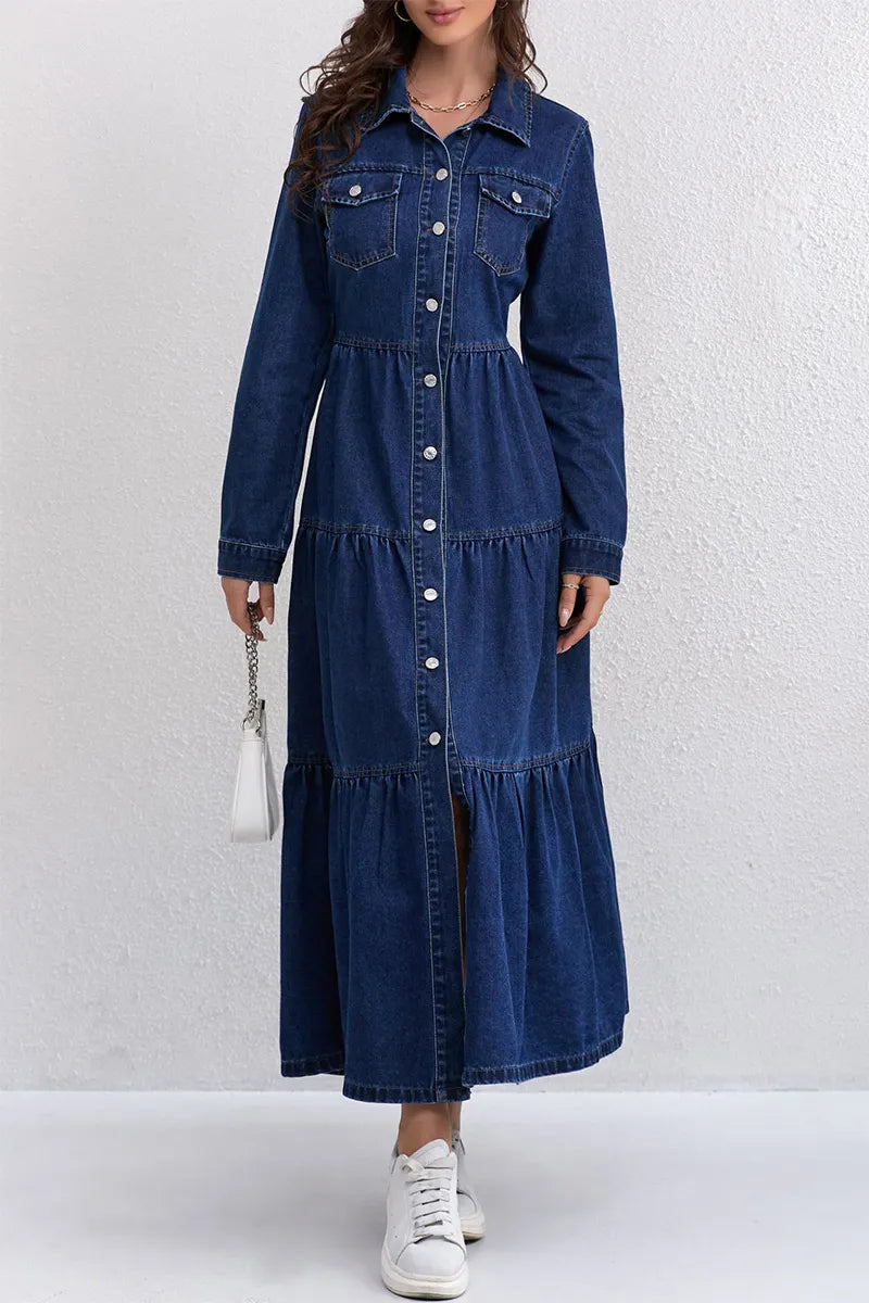 Women Lapel Stitching Buttoned Casual Denim Dress