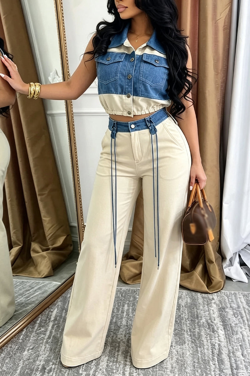 Women's Collar Patchwork Denim Top or Casual Wide Leg Pants