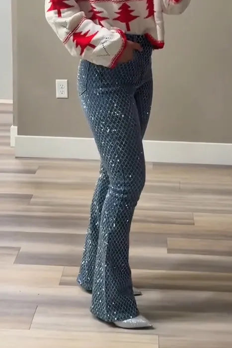 Women's Fashion Sparkling Plaid Rhinestone Jeans