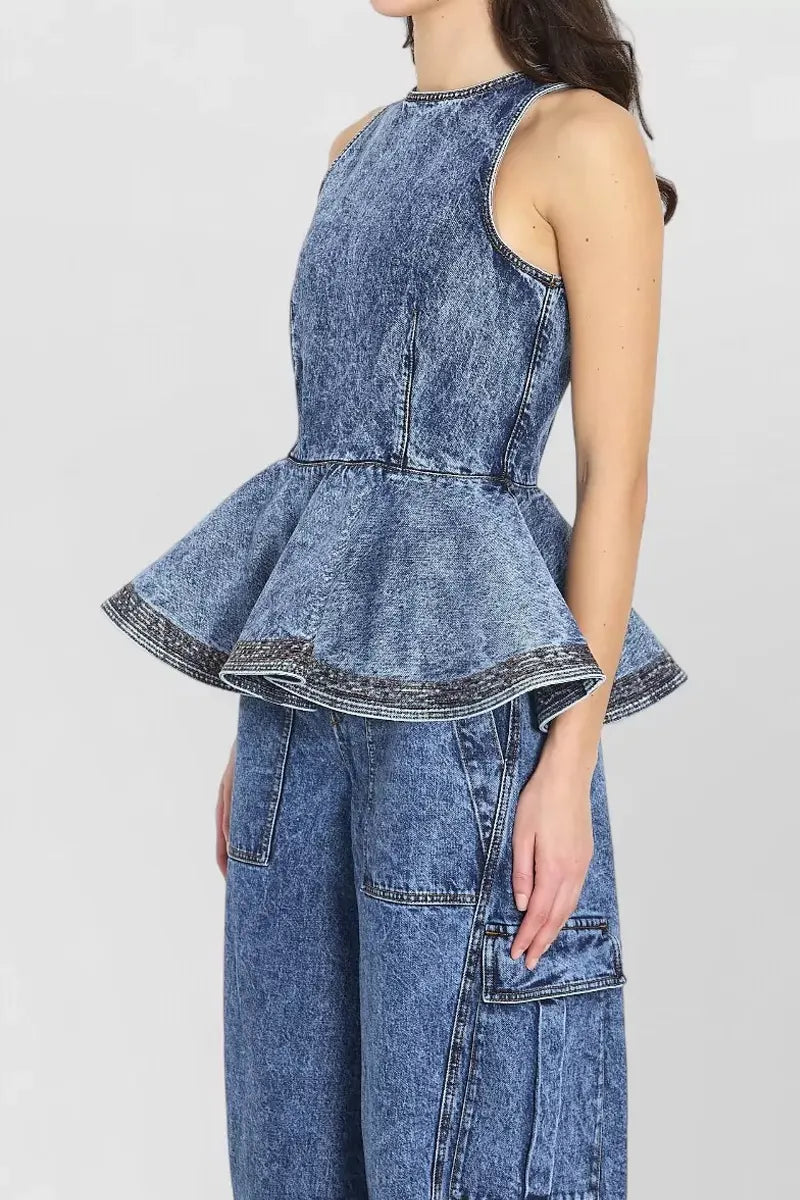 Ladies' Casual Denim Ruffled Top And Workwear Jeans