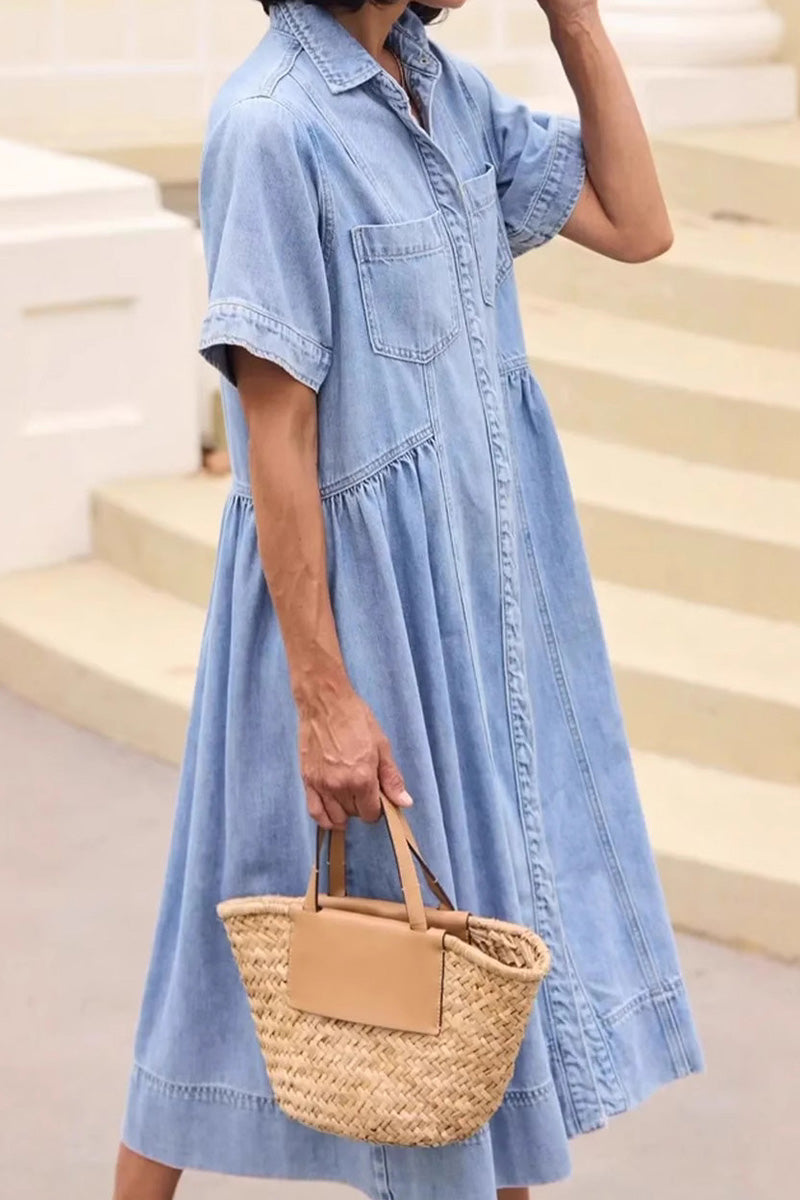 Women's Casual Turned Collar Denim Midi Dresses
