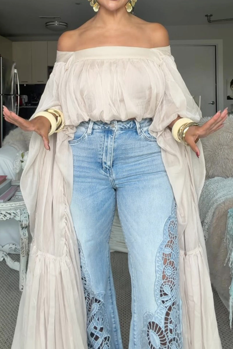 Women's Casual Extra Long Sleeve Top or Embroidery Cut-Out Jeans