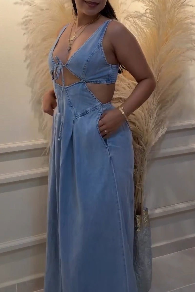 Women's Casual Waist Cut-Out Denim Wide Leg Jumpsuit