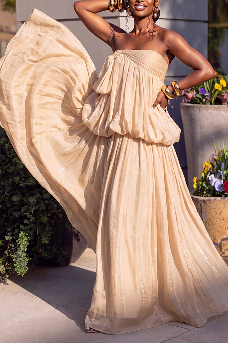 Women's Casual Pleated Asymmetric Strapless Maxi Dress
