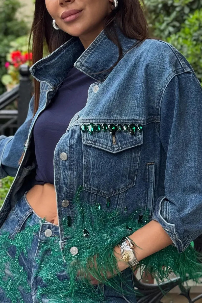 Women's Oversized Denim Jacket or Wide-Leg Jeans with Green Feather & Crystal Embellishments