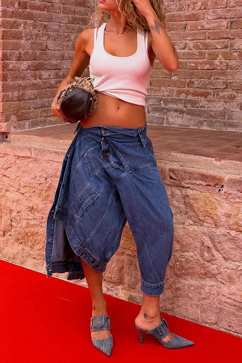 Women Wrap Tie Waist Irregular Patchwork Denim Cropped Jogger Jeans Asymmetric Split Baggy Capri
