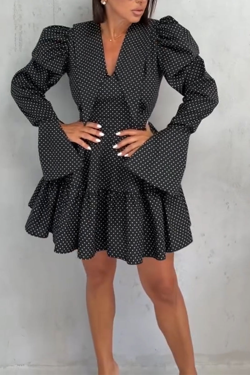 Women's Collar Polka Dot Print Waist Cinching and Elegant Casual Midi Dresses