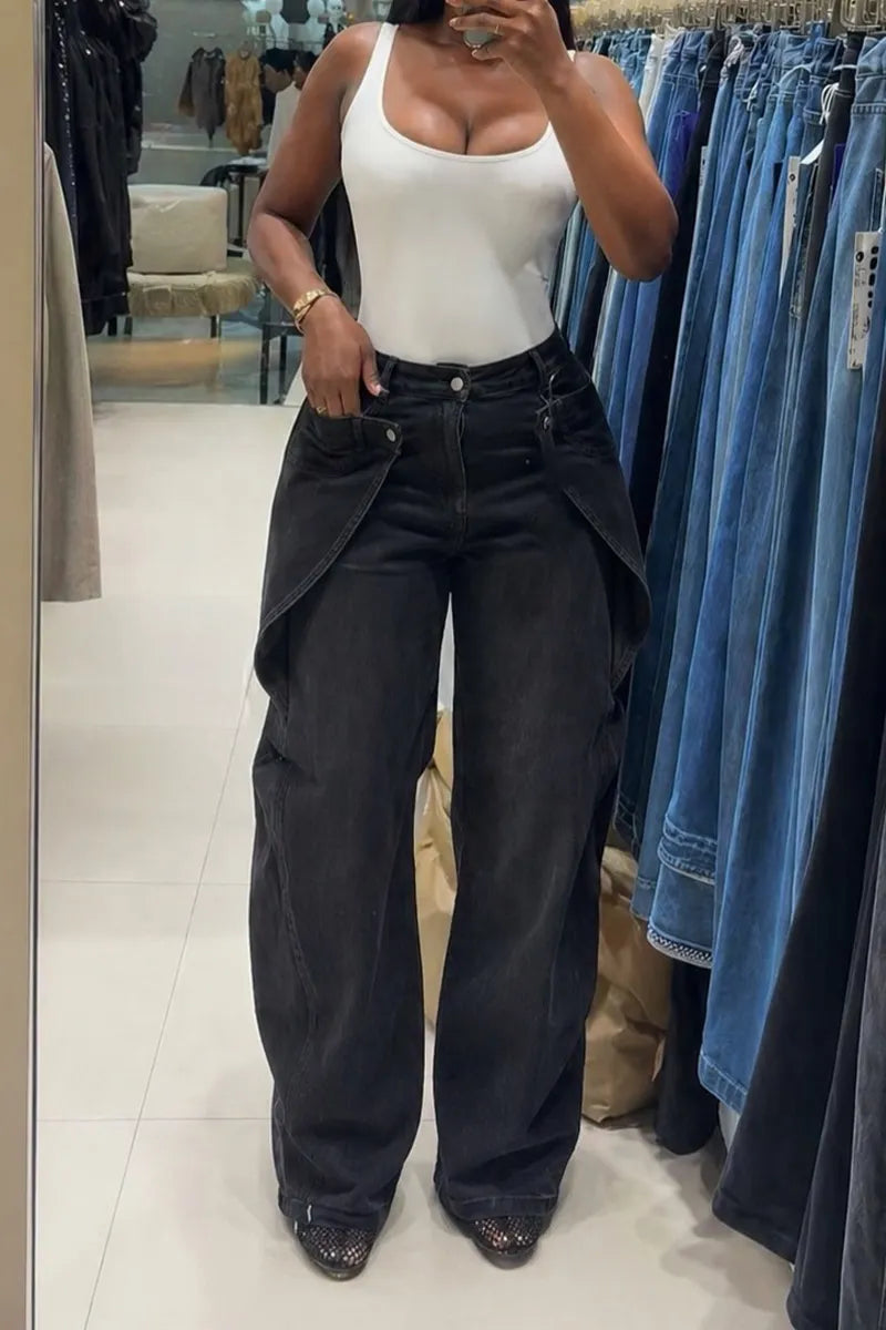 Women Multi Destroyed Frayed Ripped High Waist Wide Leg Floor Length Jeans